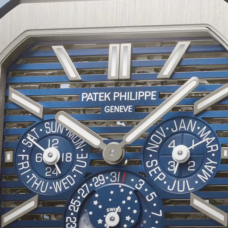 Patek Philippe Cubitus Perpetual Calendar 45mm Platinum Skeleton Blue Dial Watch - Berry's Jewellers