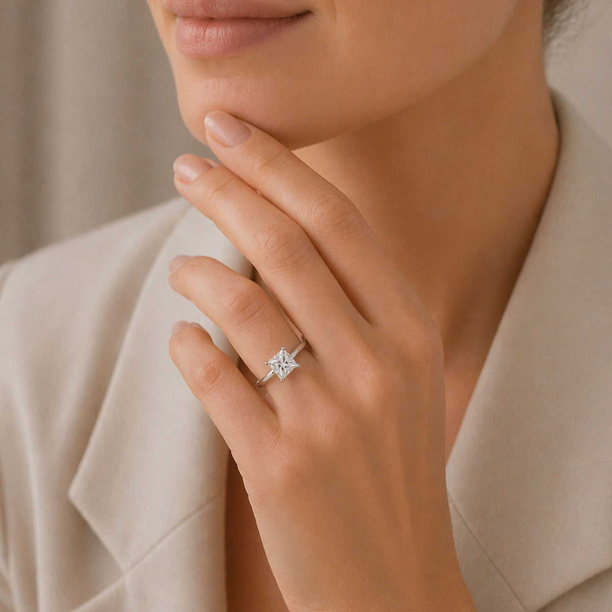 Platinum Princess Cut Solitaire Diamond Ring With A Four Claw Setting