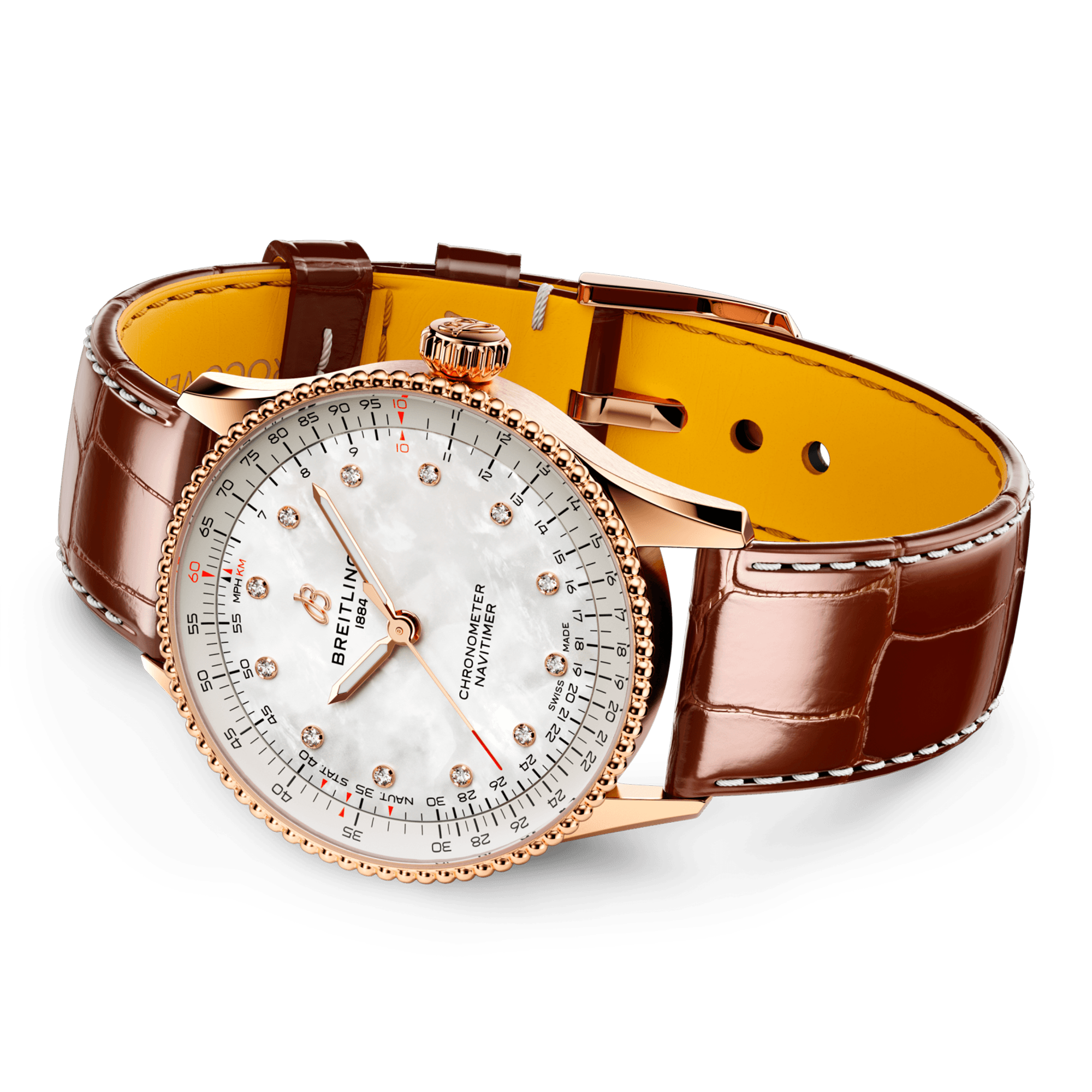 Navitimer 36mm 18ct Red Gold White Mother of Pearl Diamond Dial Strap Watch