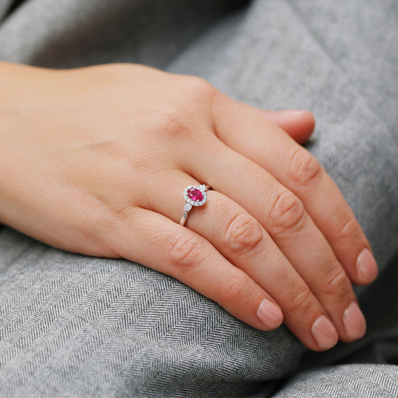 Berry's Platinum Oval Ruby And Diamond Cluster Ring With A Diamond On Each Shoulder, - Berry's Jewellers