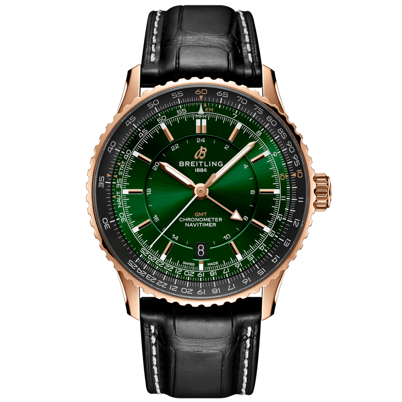 Navitimer GMT 18ct Rose Gold 41mm Green Sunray Dial Automatic Watch