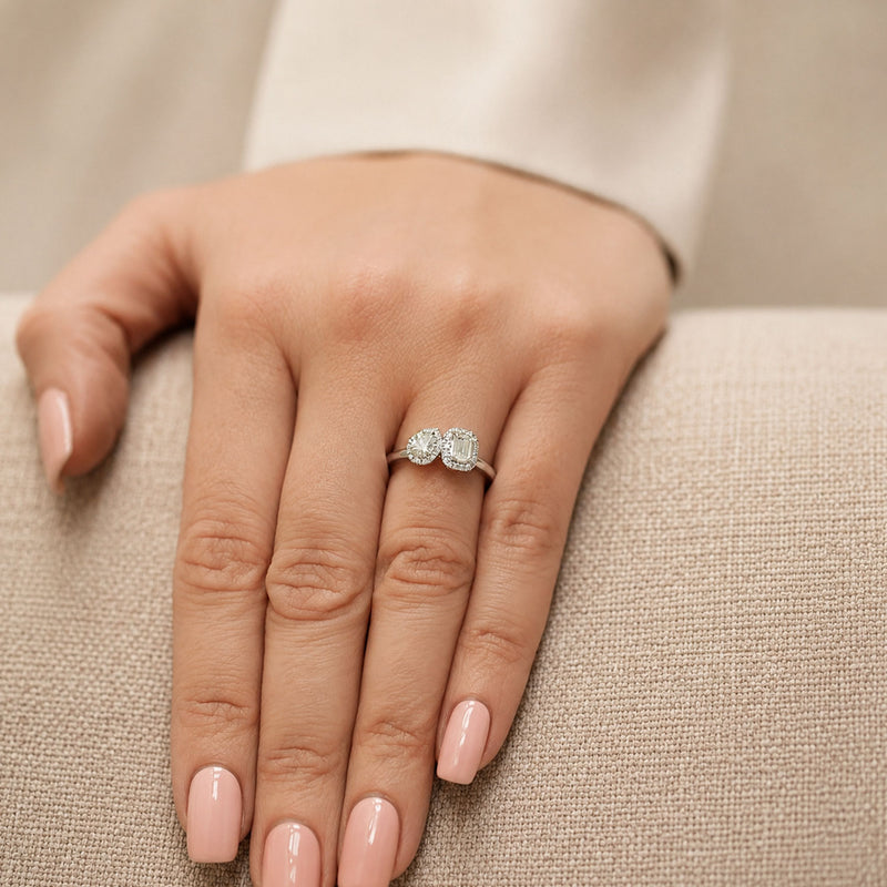 Berry's Platinum Toi et Moi Emerald Cut & Pear Cut Diamond Two Stone Halo Ring - Berry's Jewellers