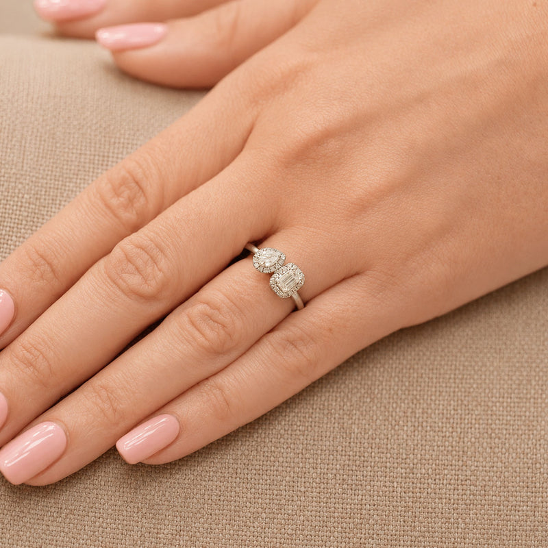 Berry's Platinum Toi et Moi Emerald Cut & Pear Cut Diamond Two Stone Halo Ring - Berry's Jewellers