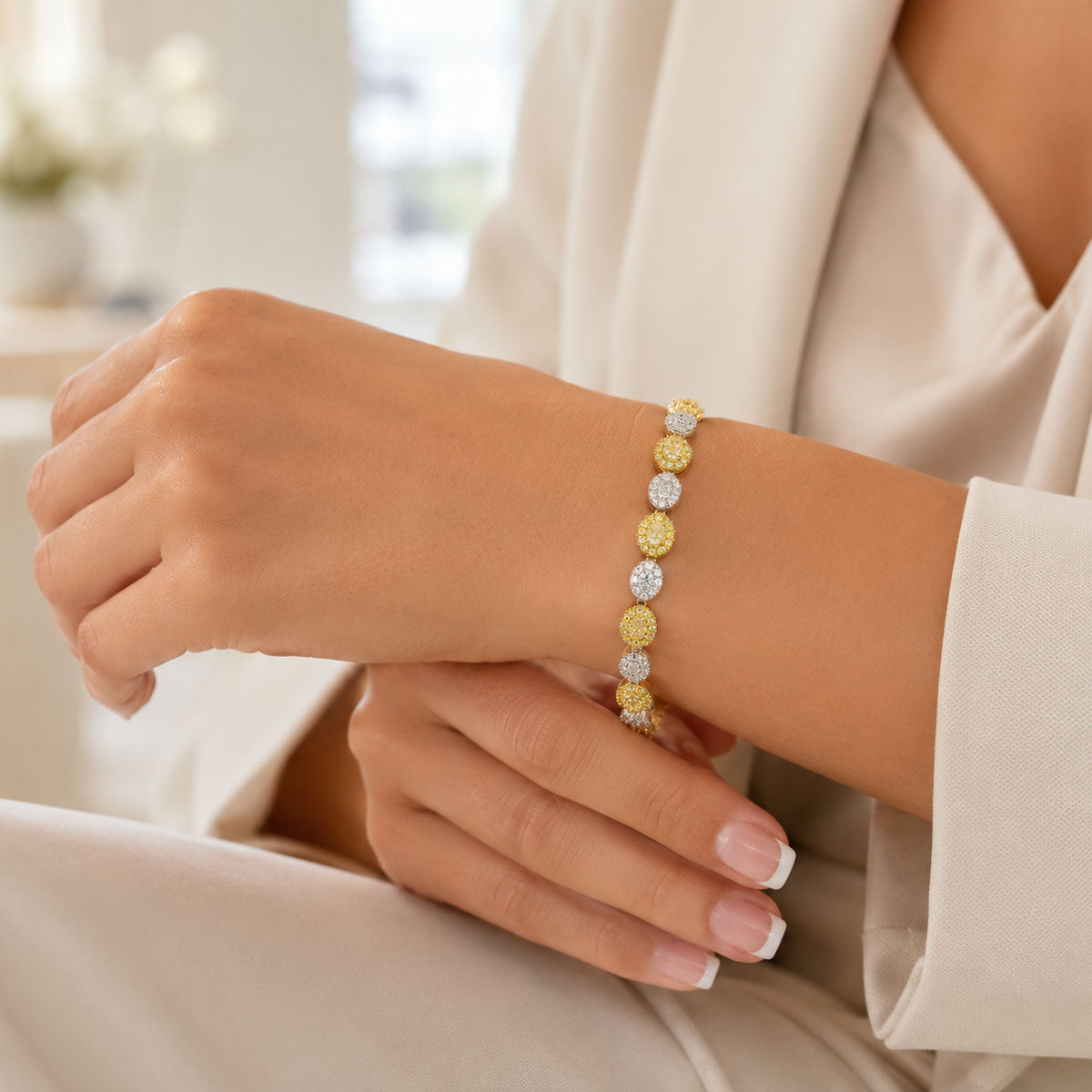 18ct Yellow And White Gold Halo Tennis Bracelet With Yellow And White Diamonds