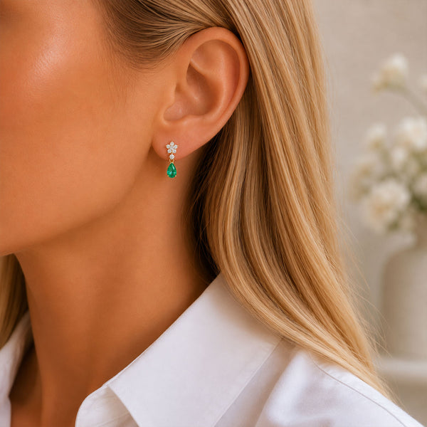 Berry's 18ct Yellow Gold Pear Shaped Emerald and Diamond Flower Cluster Drop Earrings - Berry's Jewellers