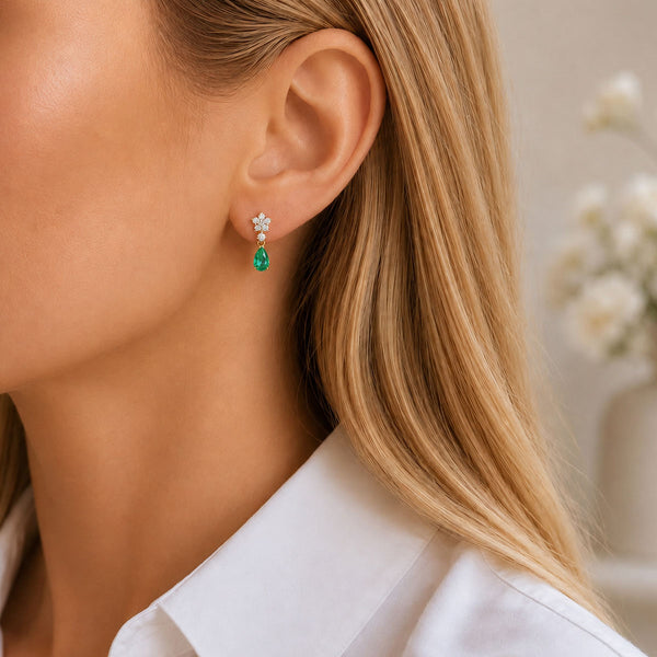 18ct Yellow Gold Pear Shaped Emerald and Diamond Flower Cluster Drop Earrings