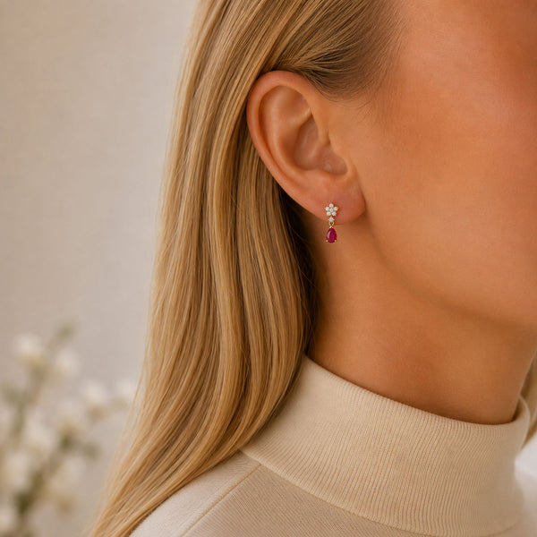 Berry's 18ct Yellow Gold Pear Cut Ruby And Diamond Drop Earrings - Berry's Jewellers