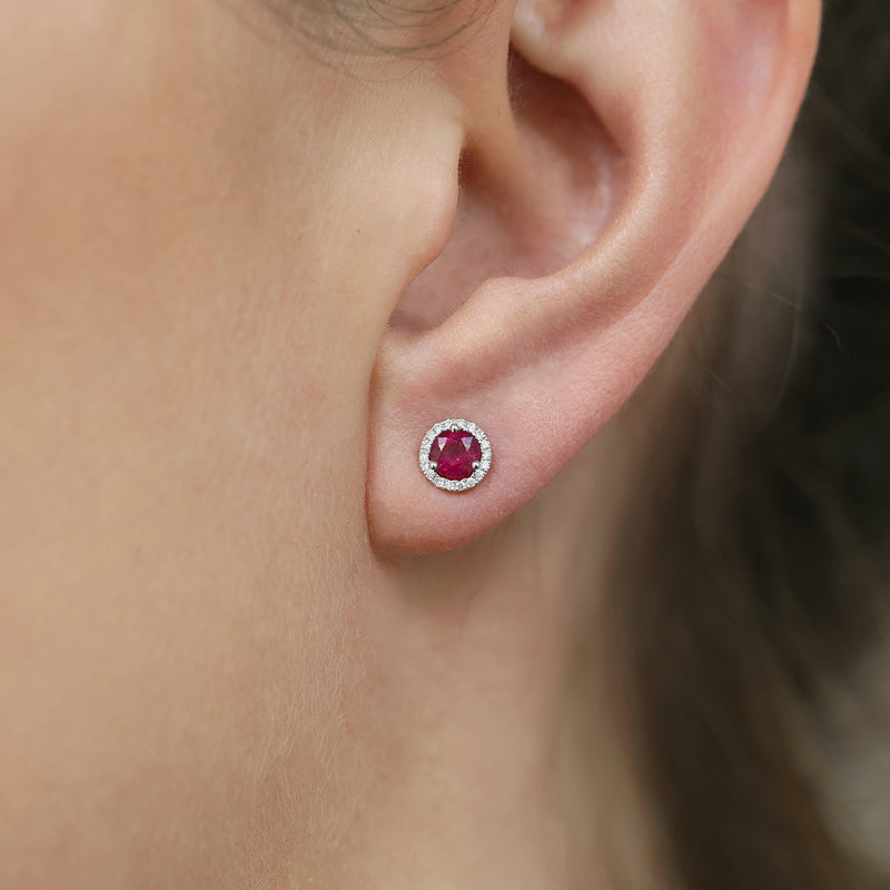 Berry's 18ct White Gold Round Ruby And Diamond Cluster Stud Earrings - Berry's Jewellers