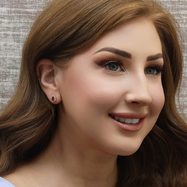 Berry's 18ct Yellow Gold Pear Shaped Ruby And Diamond Halo Earrings - Berry's Jewellers