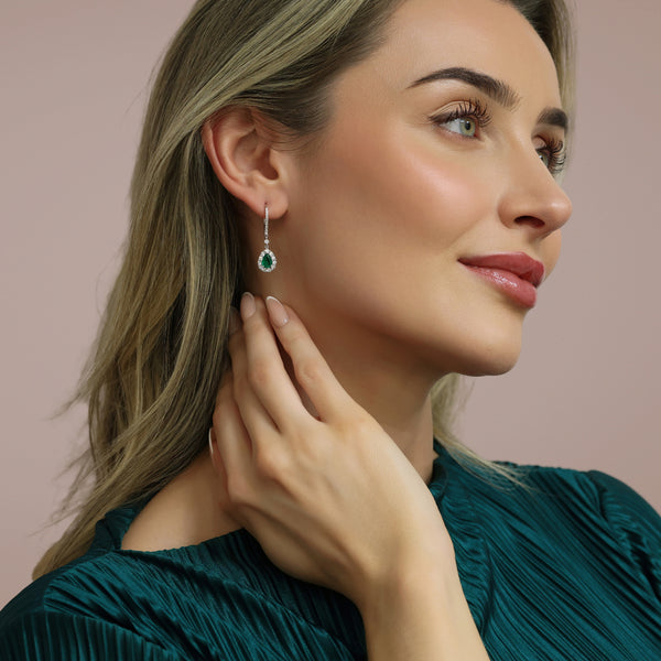 18ct White Gold Pear Shape Emerald And Diamond Halo Drop Earrings
