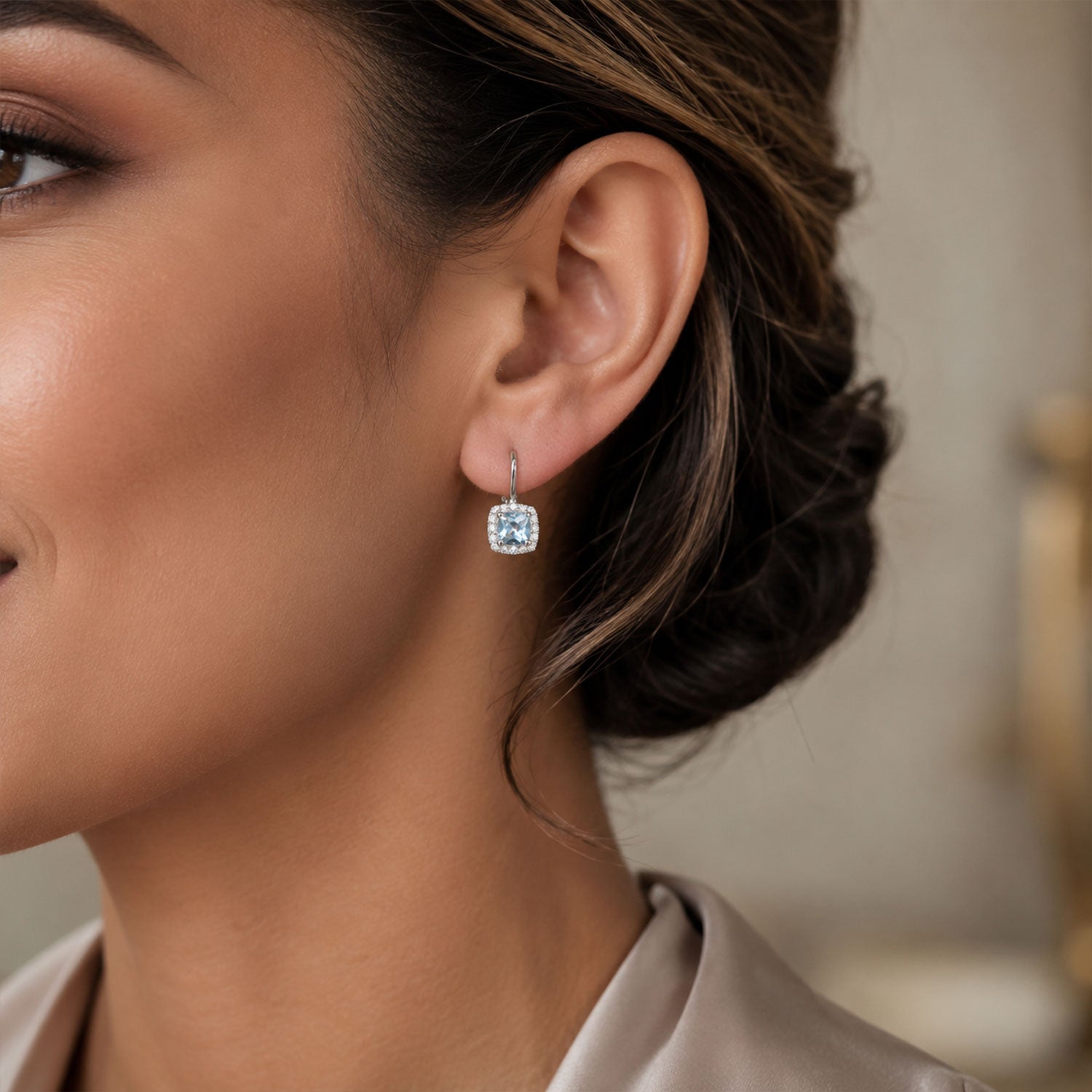 18ct White Gold Aquamarine & Round Brilliant Cut Diamond Halo Earrings