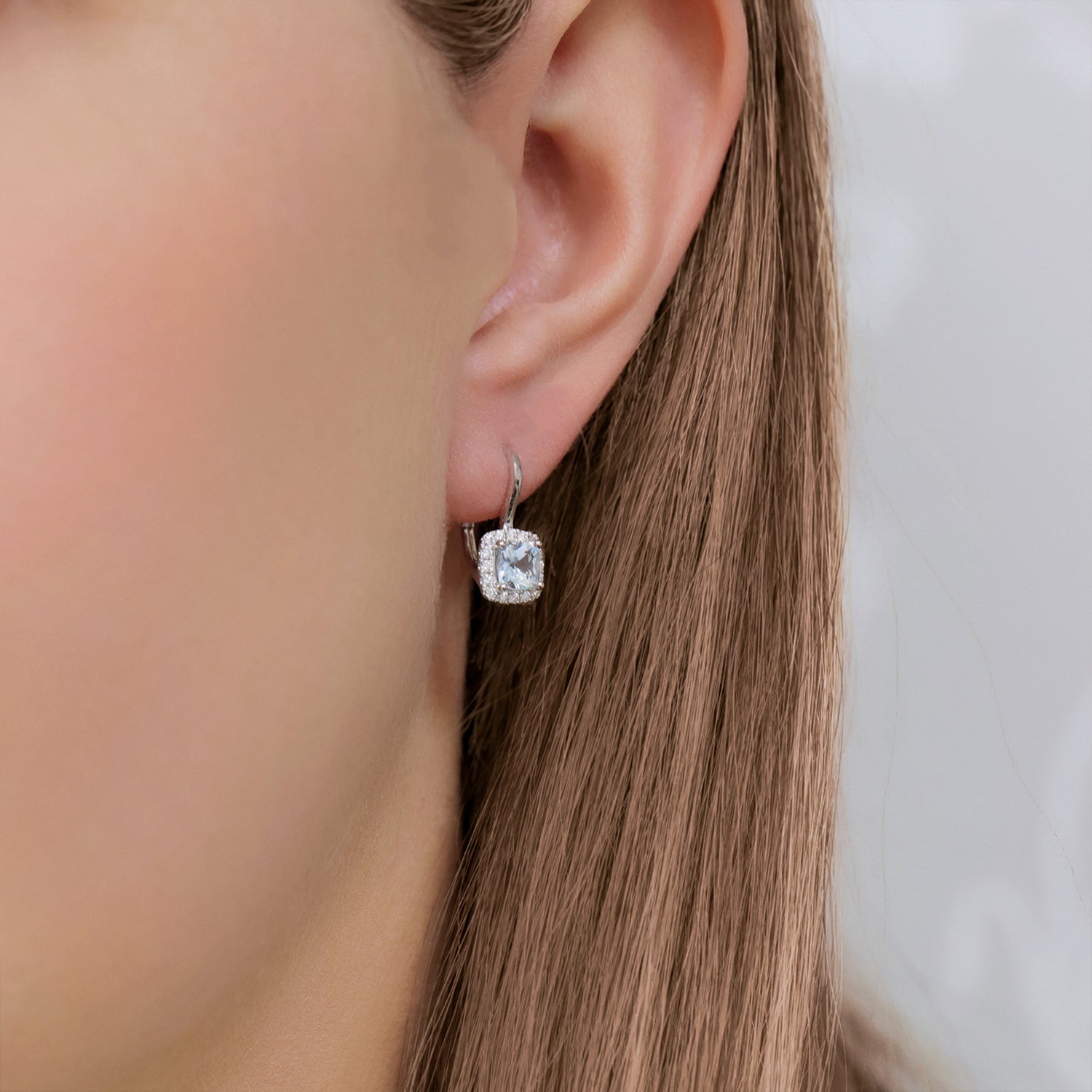 18ct White Gold Aquamarine & Round Brilliant Cut Diamond Halo Earrings