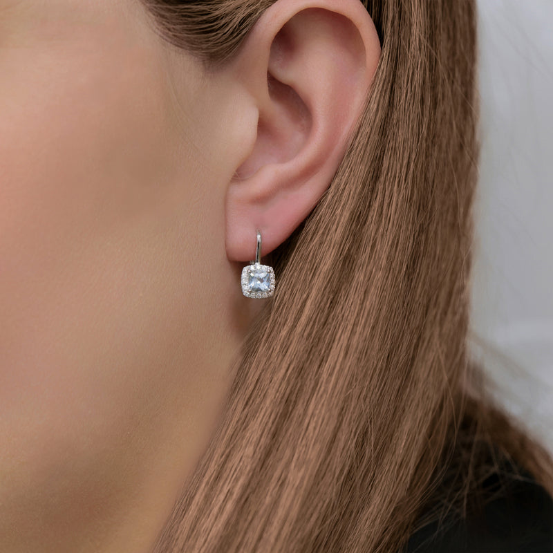 18ct White Gold Aquamarine & Round Brilliant Cut Diamond Halo Earrings