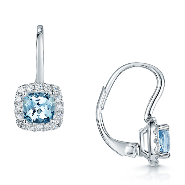 Berry's 18ct White Gold Aquamarine & Round Brilliant Cut Diamond Halo Earrings - Berry's Jewellers