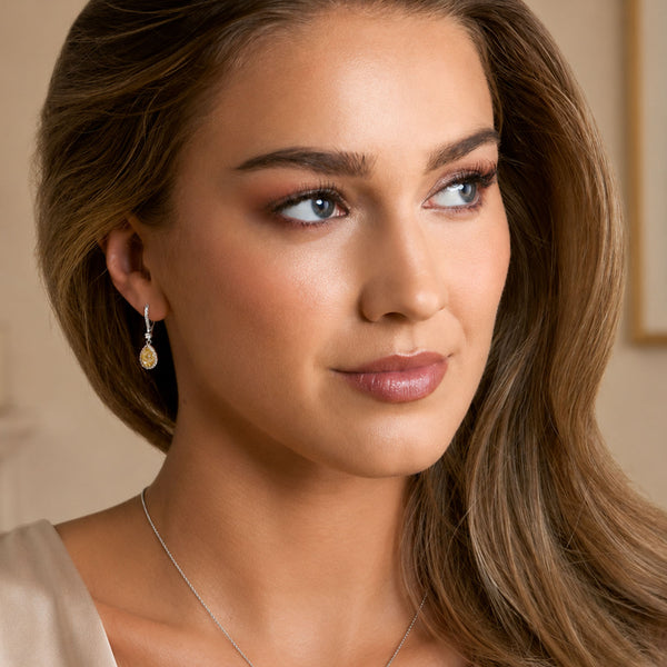 18ct White And Yellow Gold Pear Shaped Yellow Diamond Halo Drop Earrings
