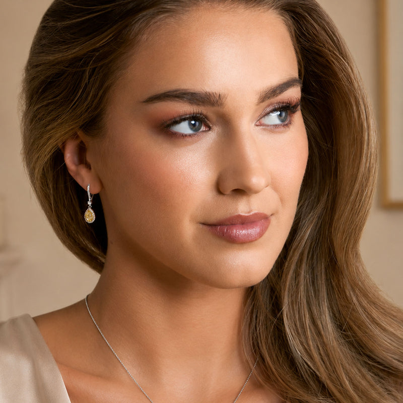 18ct White And Yellow Gold Pear Shaped Yellow Diamond Halo Drop Earrings