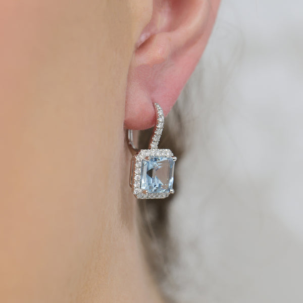 Berry's 18ct White Gold Aquamarine And Diamond Halo Drop Earrings - Berry's Jewellers