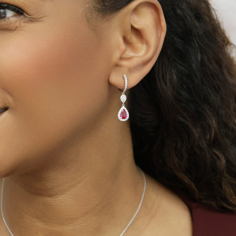 Berry's 18ct White Gold Pear Cut Ruby And Diamond Halo Drop Earrings - Berry's Jewellers