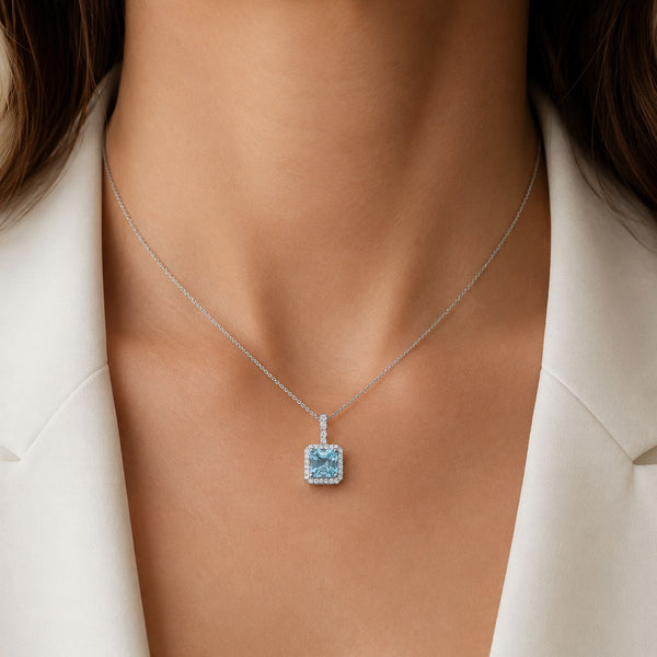 Berry's 18ct White Gold Aquamarine And Diamond Square Cut Halo Pendant - Berry's Jewellers