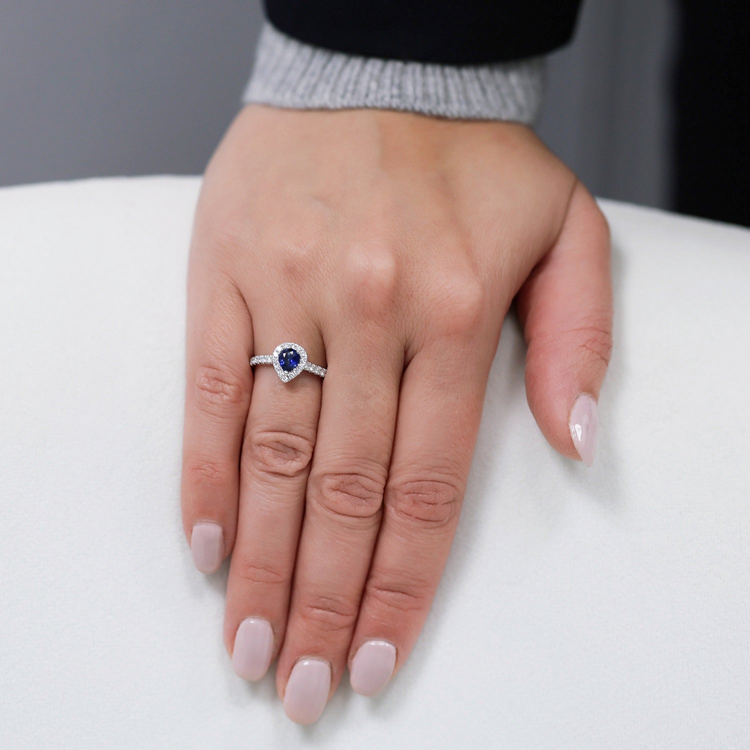 Berry's Platinum Pear Sapphire Ring With Diamond Halo Surround And Shoulders - Berry's Jewellers