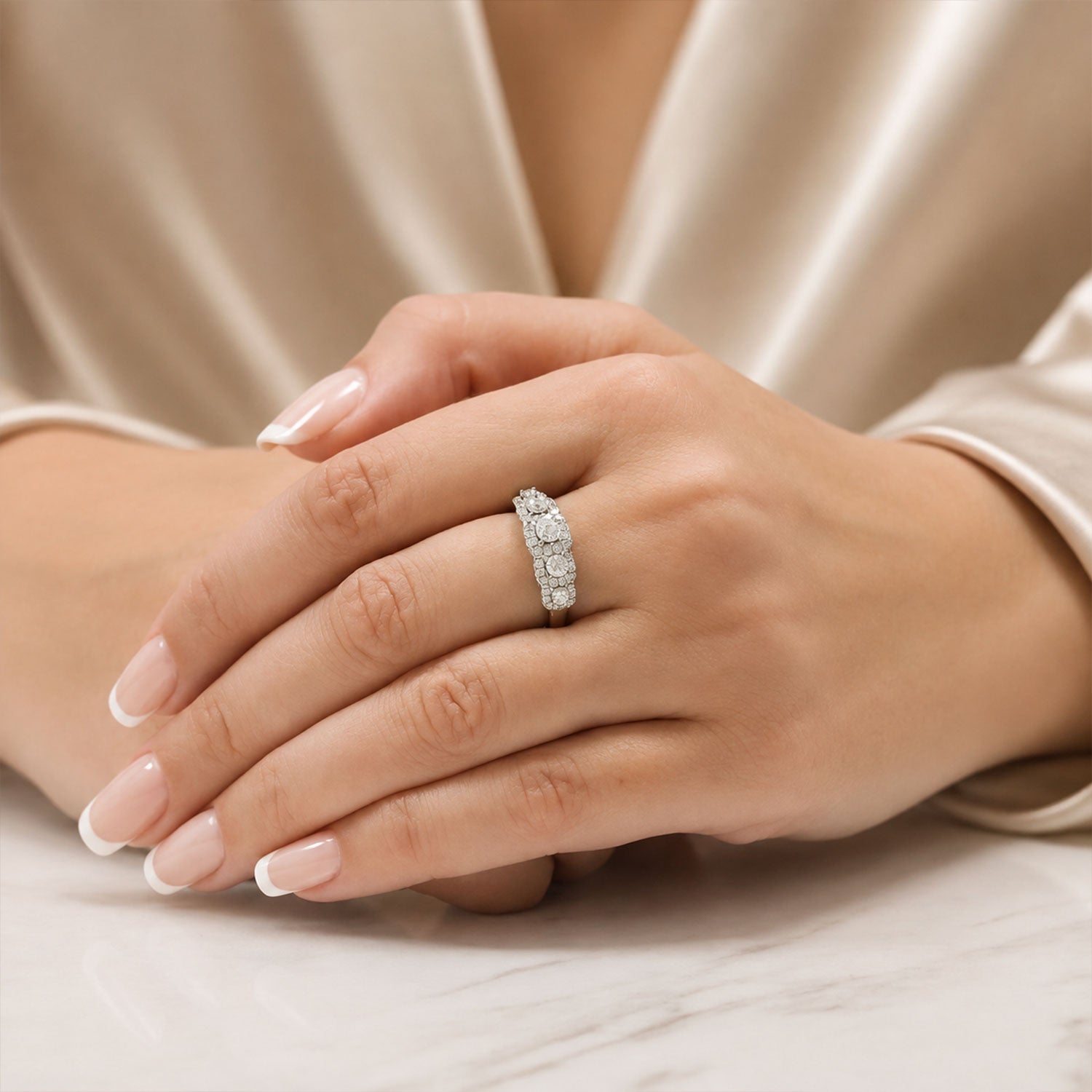 Platinum Five Stone Round Brilliant Cut Diamond Halo Ring
