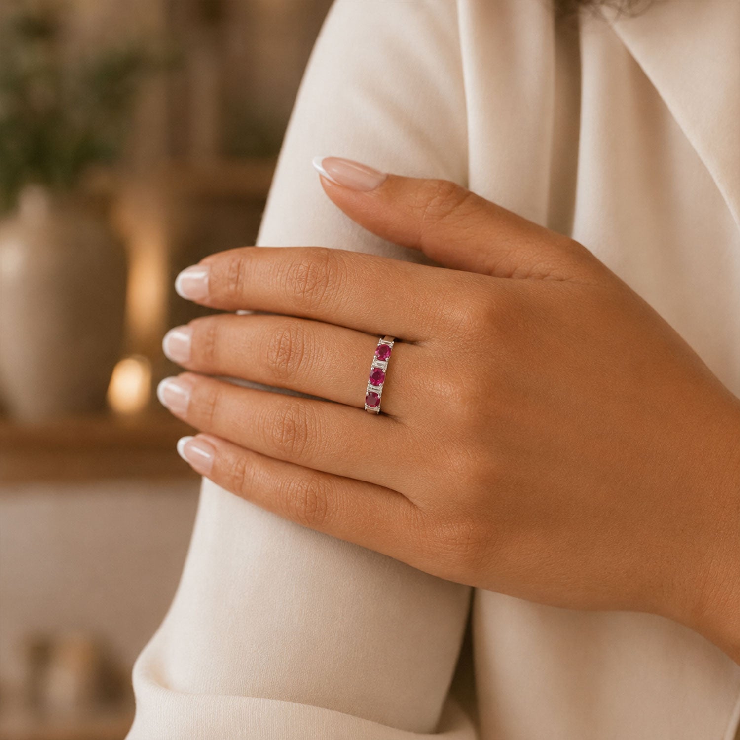 Platinum Ruby & Diamond Seven Stone Half Eternity Ring