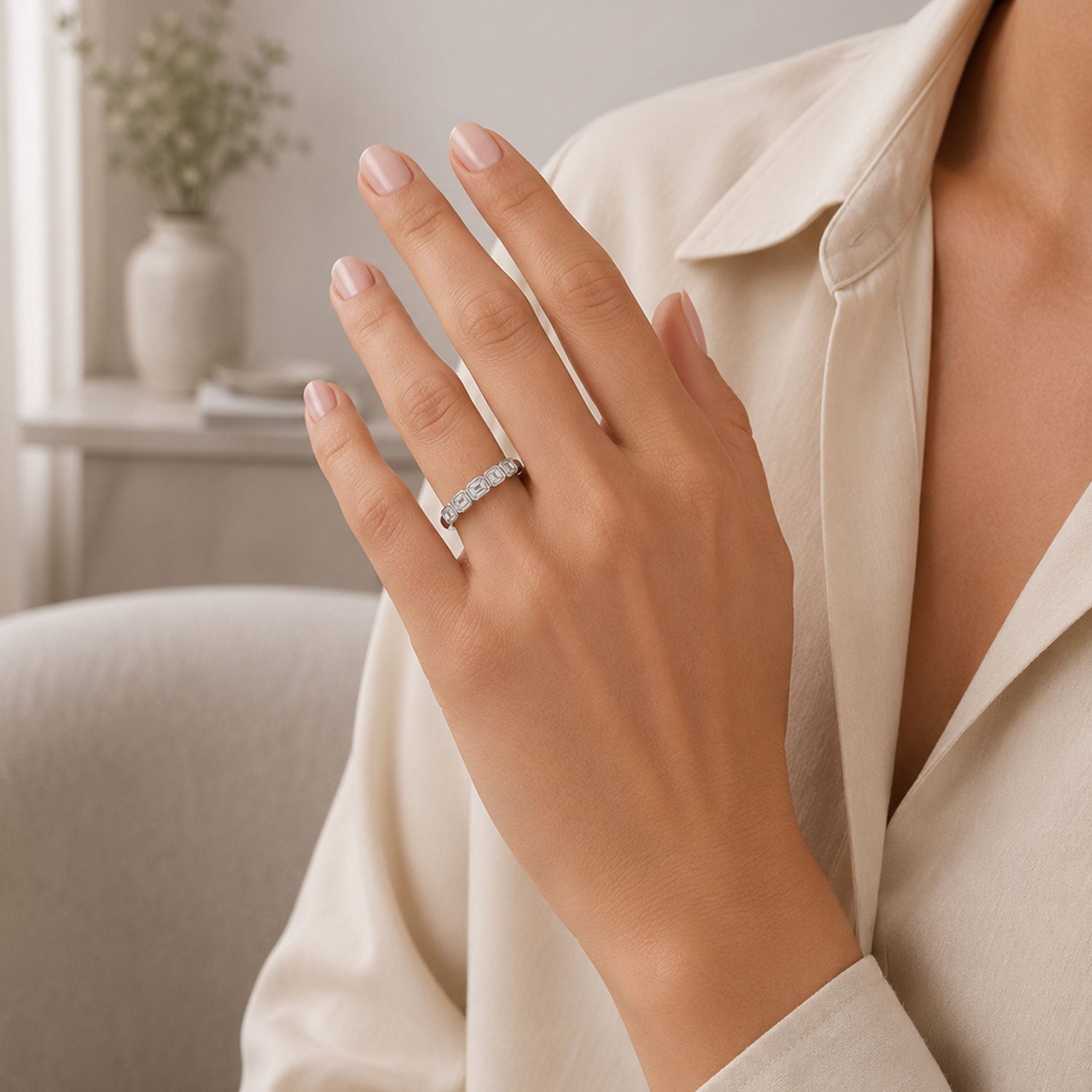 Platinum Emerald Cut Diamond Rub Over Style Half Eternity Ring