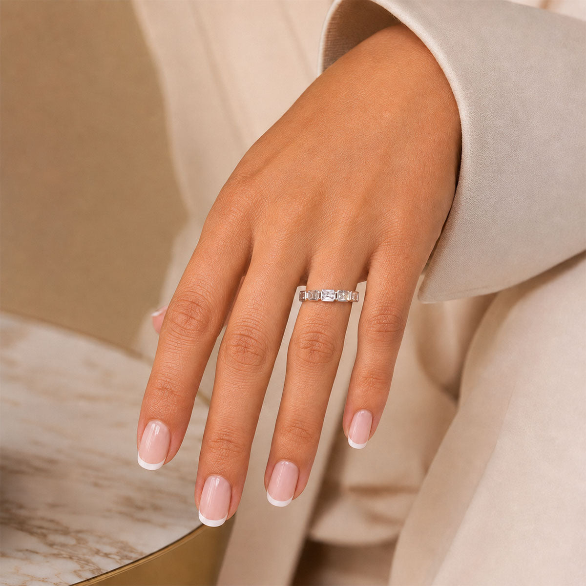 Platinum Emerald Cut Diamond Rub Over Style Half Eternity Ring