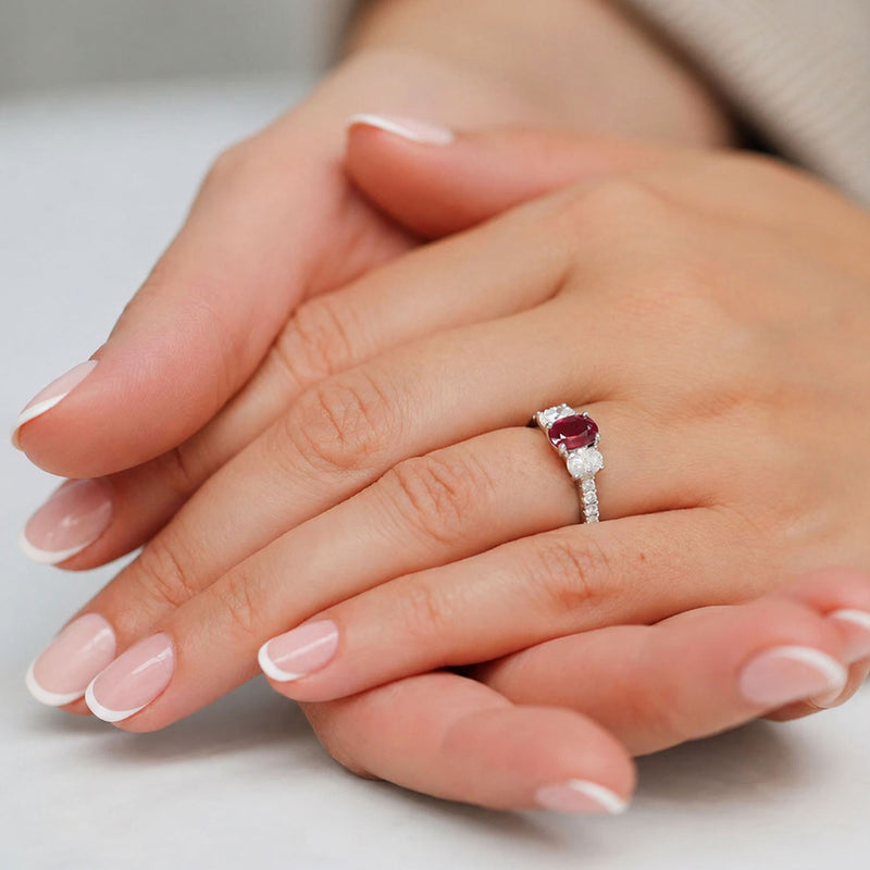 Platinum Oval Ruby And Diamond Three Stone Ring