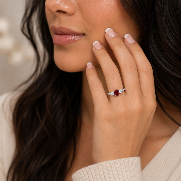 Platinum Oval Ruby And Diamond Three Stone Ring