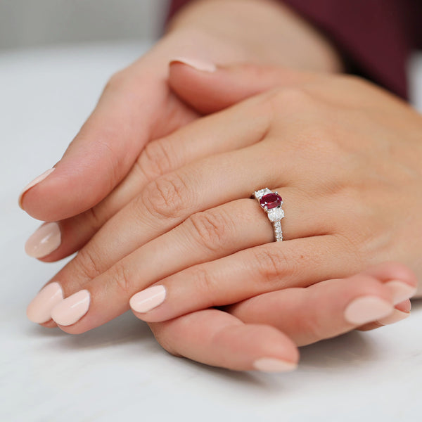 Berry's Platinum Oval Ruby And Diamond Three Stone Ring - Berry's Jewellers