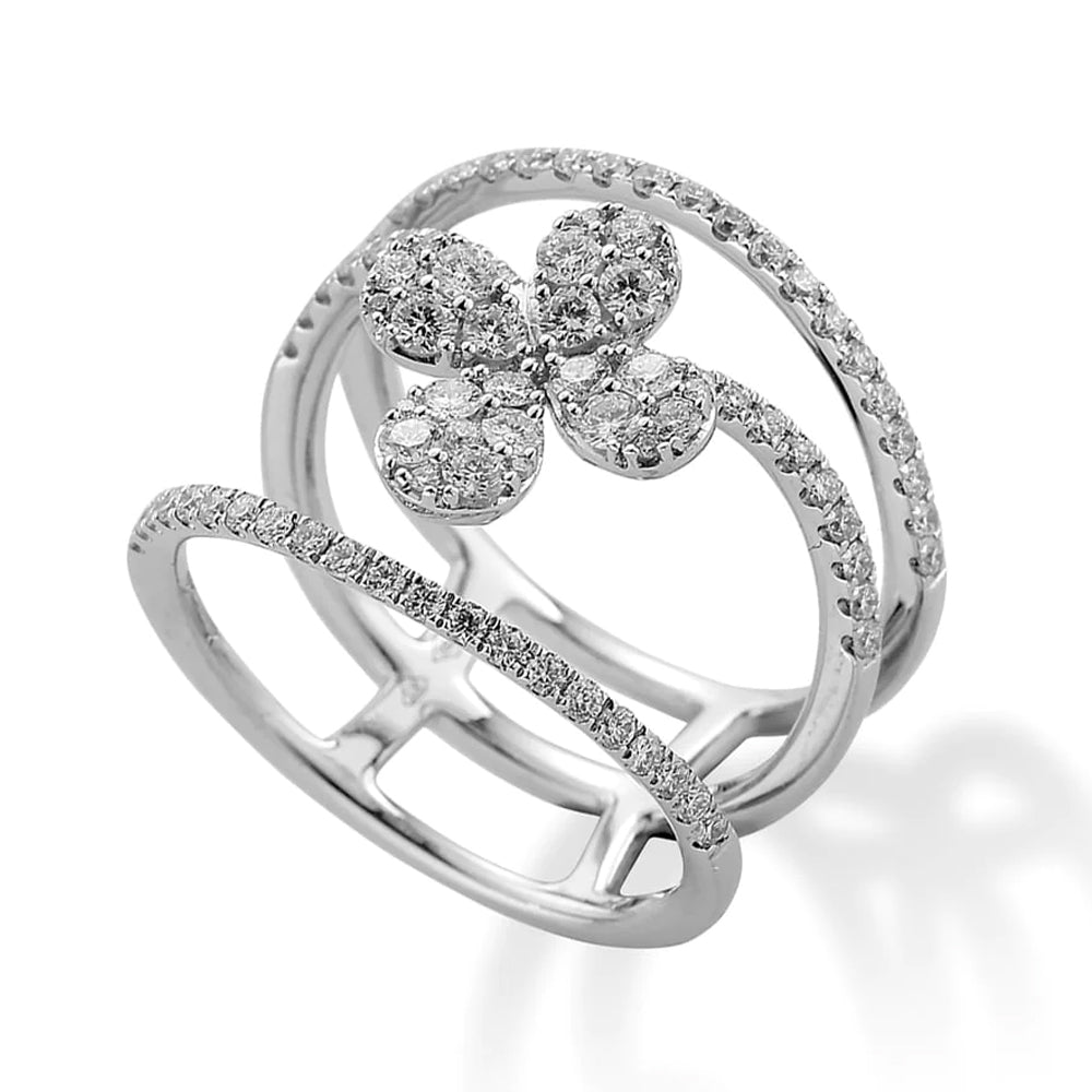 18ct White Gold Triple Row  Diamond flower Design Ring