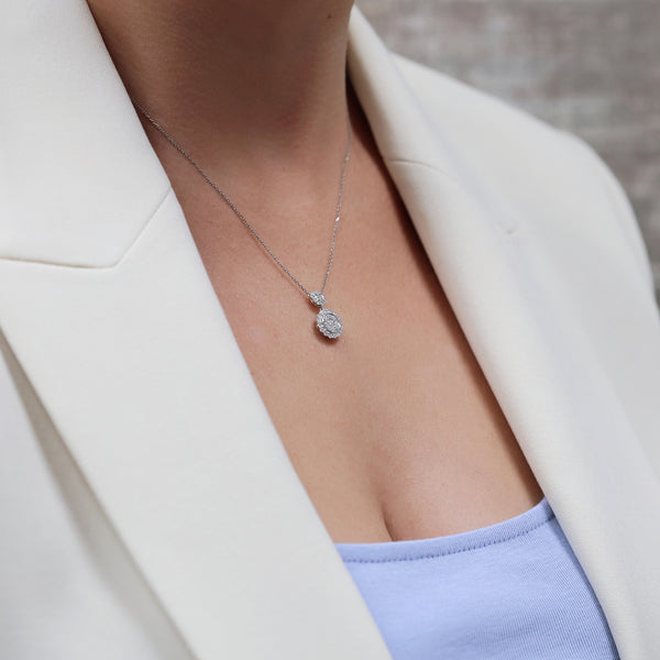 Berry's 18ct White Gold Round Brilliant Diamond Pave Circle Fancy Two Drop Pendant - Berry's Jewellers