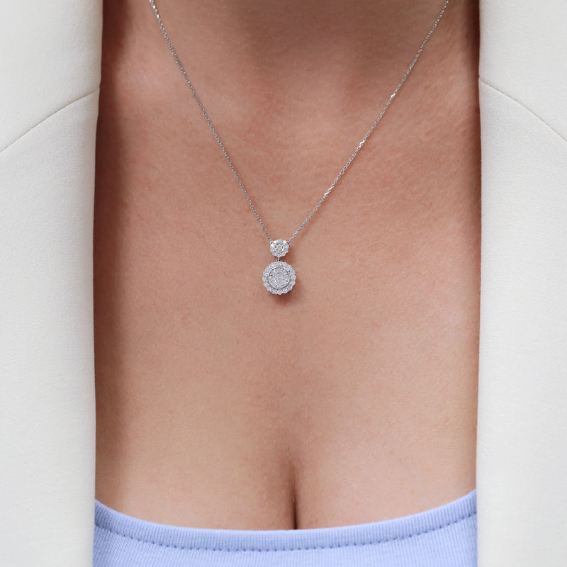 Berry's 18ct White Gold Round Brilliant Diamond Pave Circle Fancy Two Drop Pendant - Berry's Jewellers