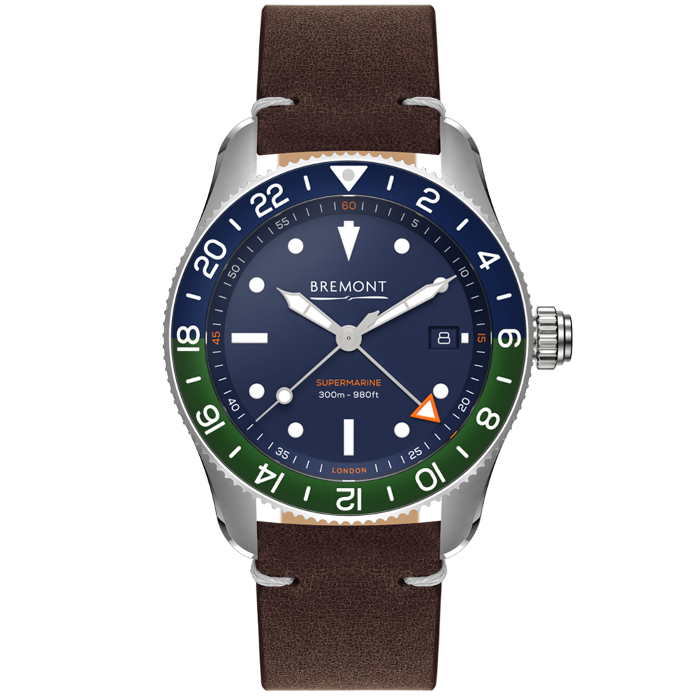 Supermarine S302 GMT Blue / Green Men's Leather Strap Watch