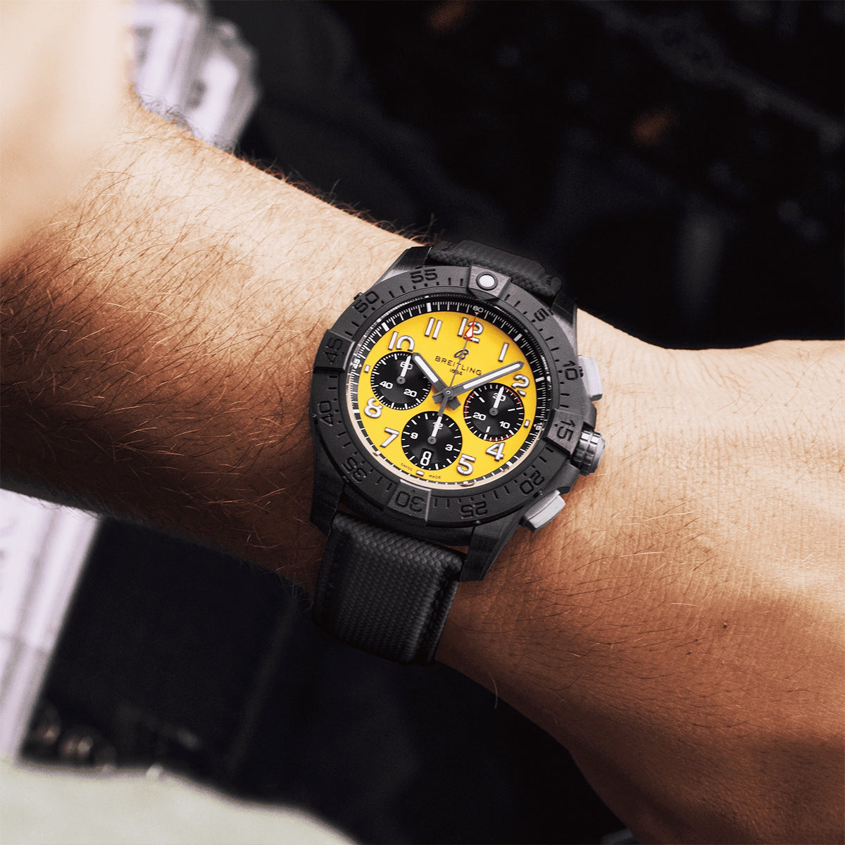 Breitling Avenger Night Mission 44mm Black Ceramic & Yellow Dial Mens Watch - Berry's Jewellers