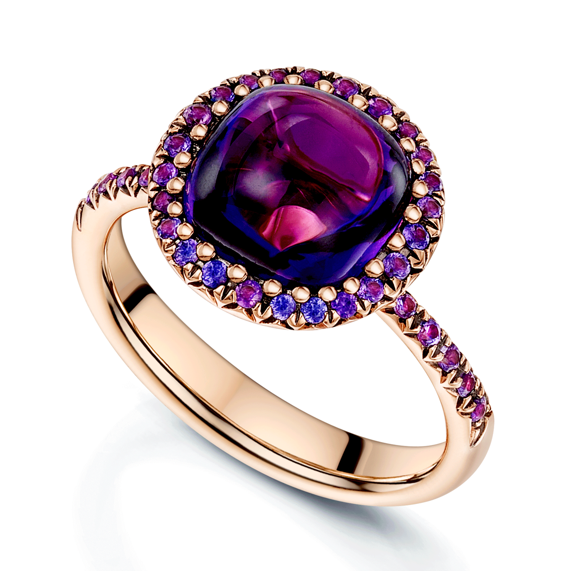 18ct Rose Gold Amethyst Cabachon Halo Dress Ring With Purple Sapphire Shoulders