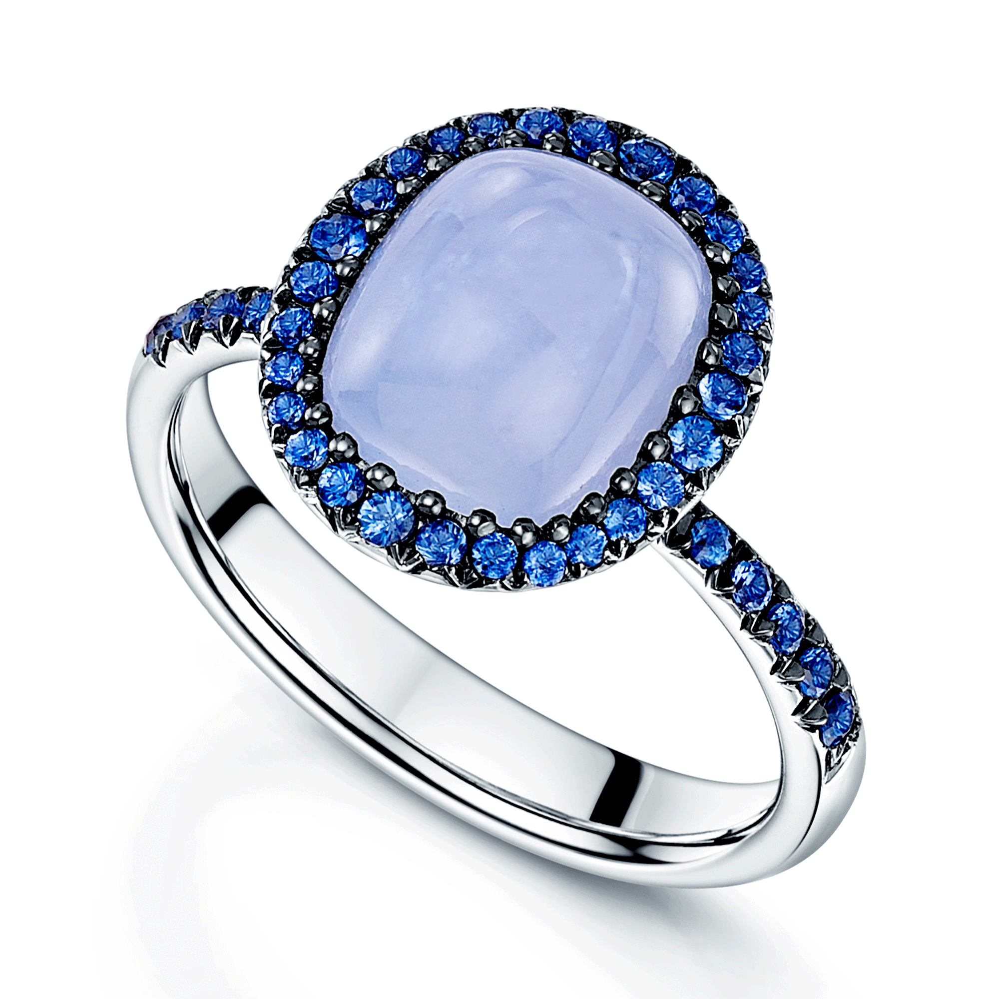 18ct White Gold Cushion Cut Chalcedony Halo Dress Ring With Diamond Shoulders