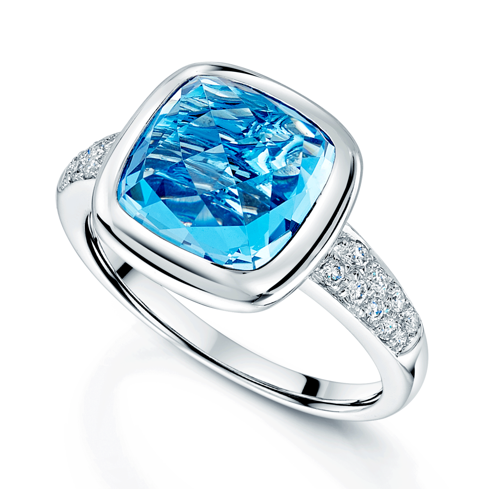 18ct White Gold Cushion Cut Blue Topaz Dress Ring With Diamond Pave Set Shoulders