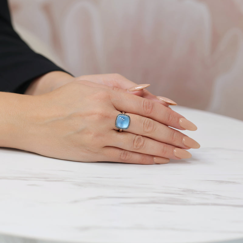Berry's 18ct White Gold Cabochon Cut Blue Topaz & Blue Diamond Halo Dress Ring - Berry's Jewellers