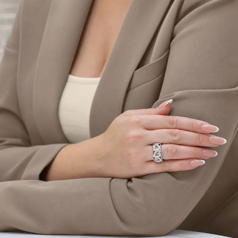 18ct White Gold Pave Set Diamond Band With Heart Decoration Dress Ring
