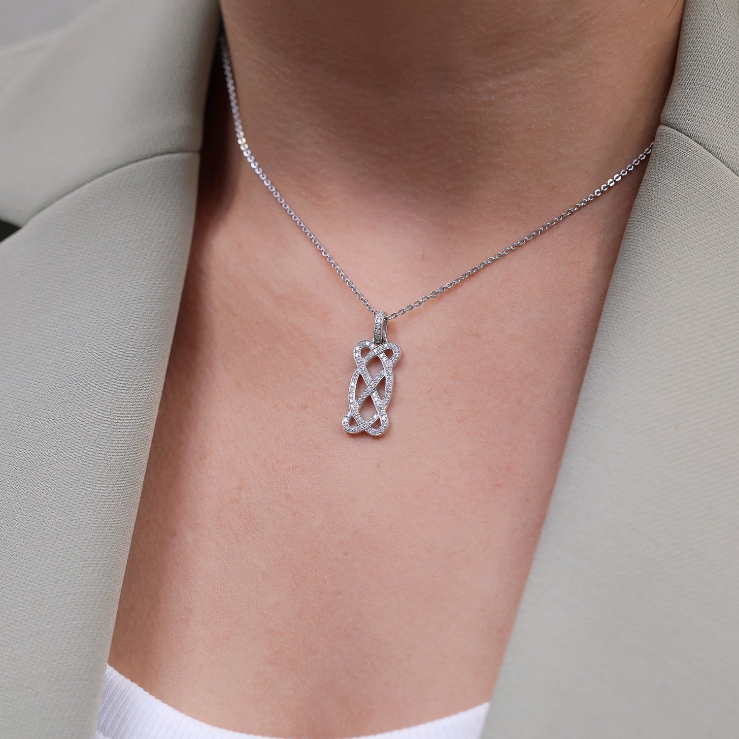 Berry's 18ct White Gold Diamond Pave Set Open Scroll Rectangular Drop Pendant - Berry's Jewellers