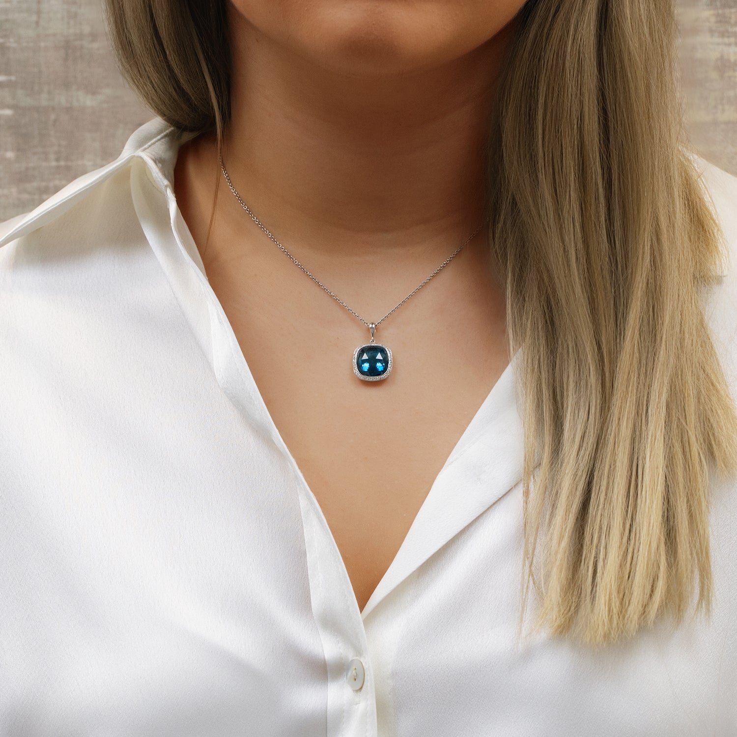 Berry's 18ct White Gold Cushion Cut Topaz Diamond Halo Pendant - Berry's Jewellers