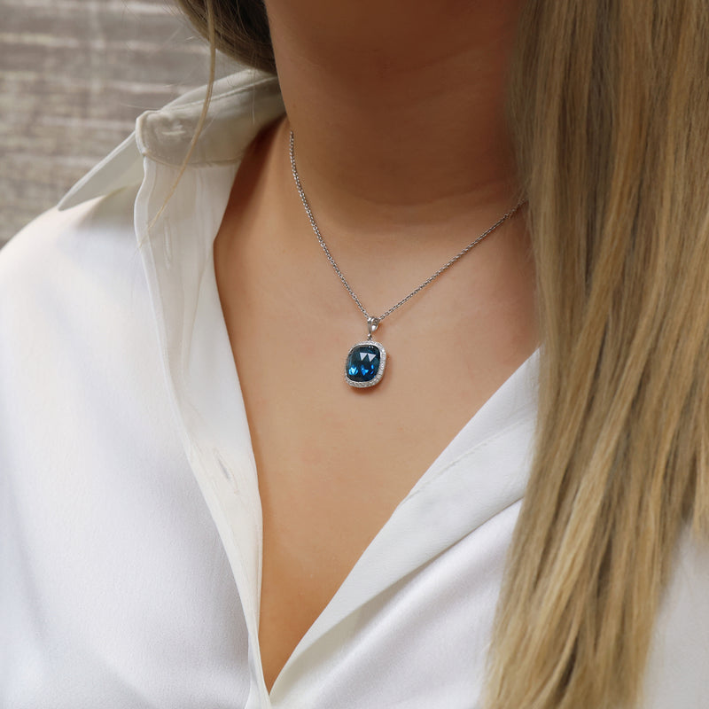 Berry's 18ct White Gold Cushion Cut Topaz Diamond Halo Pendant - Berry's Jewellers