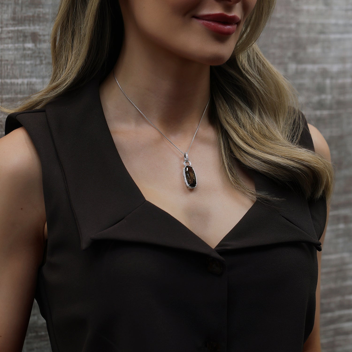 18ct White Gold Oval Mixed Cut Smokey Quartz And Diamond Halo Pendant