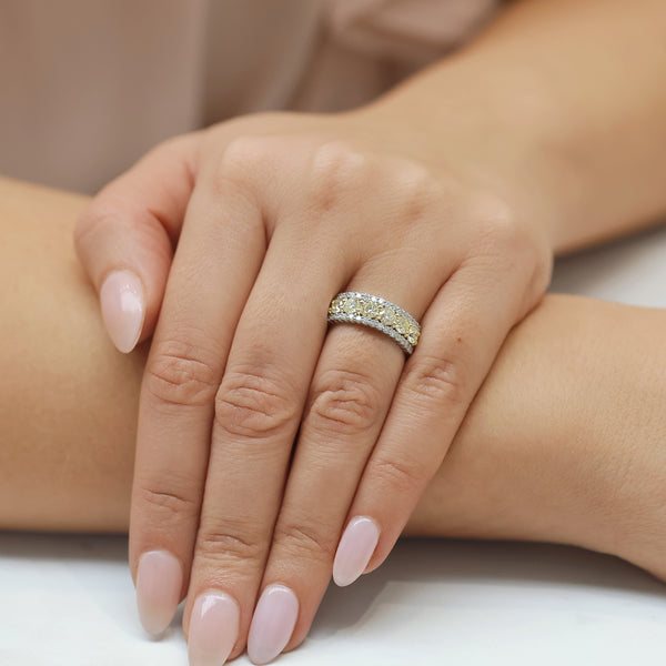 Platinum Yellow & White Diamond Three Row Dress Ring