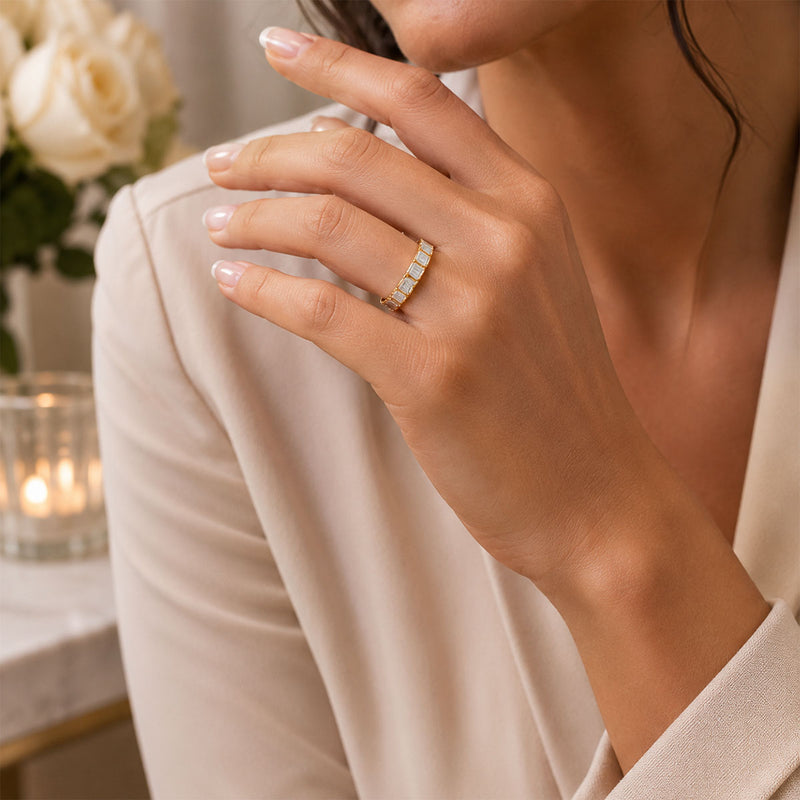 18ct Yellow Gold Emerald Cut 1.00 Carat Diamond Half Eternity Rub Over Set Ring