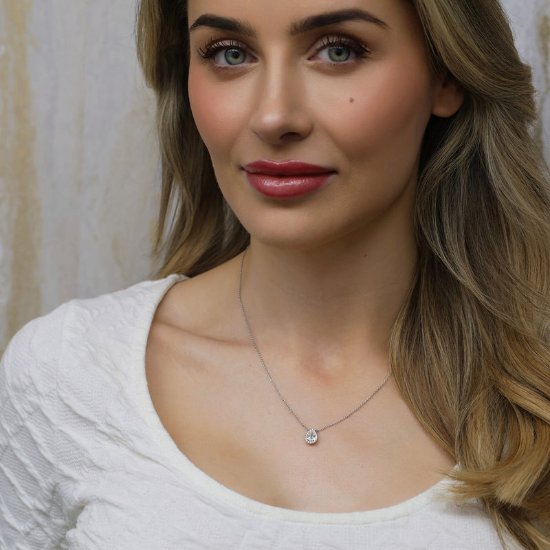 18ct White Gold Pear Cut Diamond 0.80ct Rub Over Halo Pendant