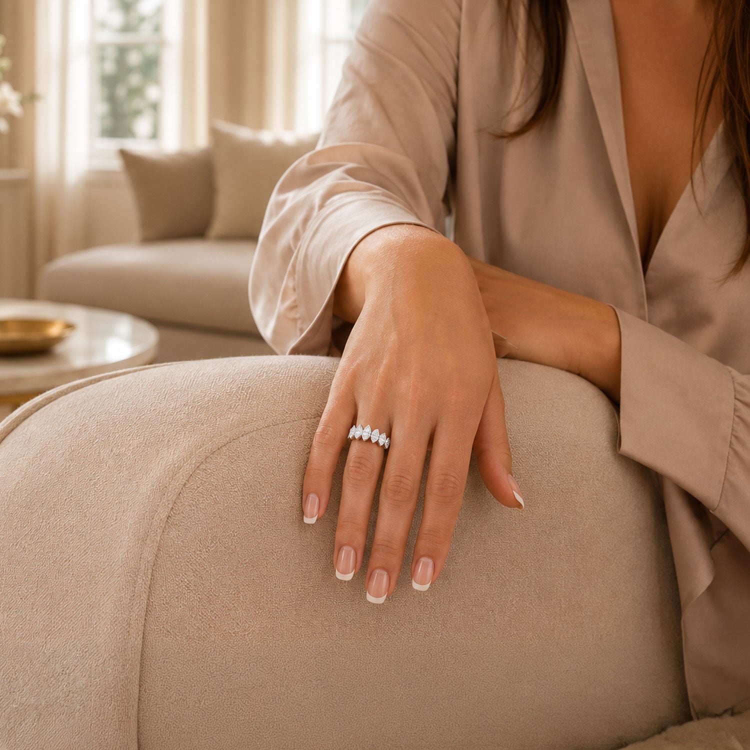 Platinum Marquise Cut Seven Stone Rub Over Set Ring