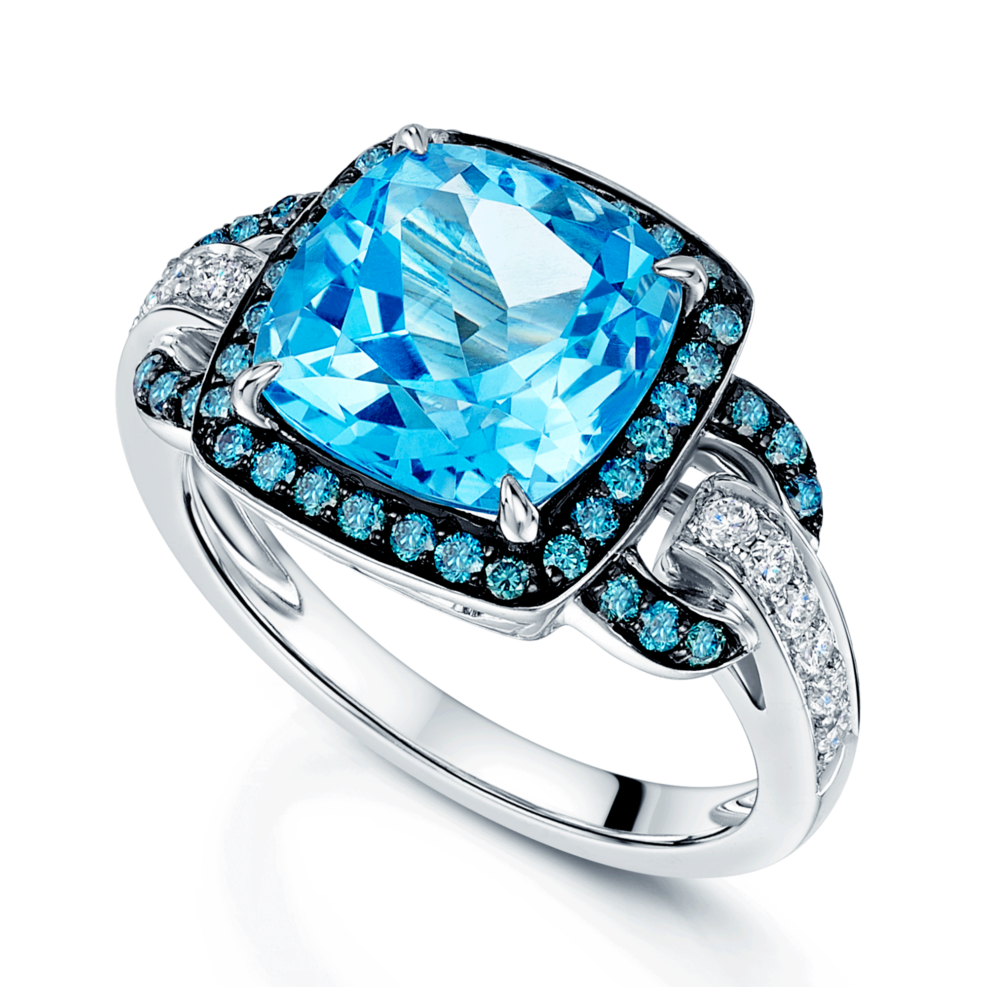 18ct White Gold Cushion Cut Blue Topaz And Round Brilliant Diamond Fancy Mount Dress Ring